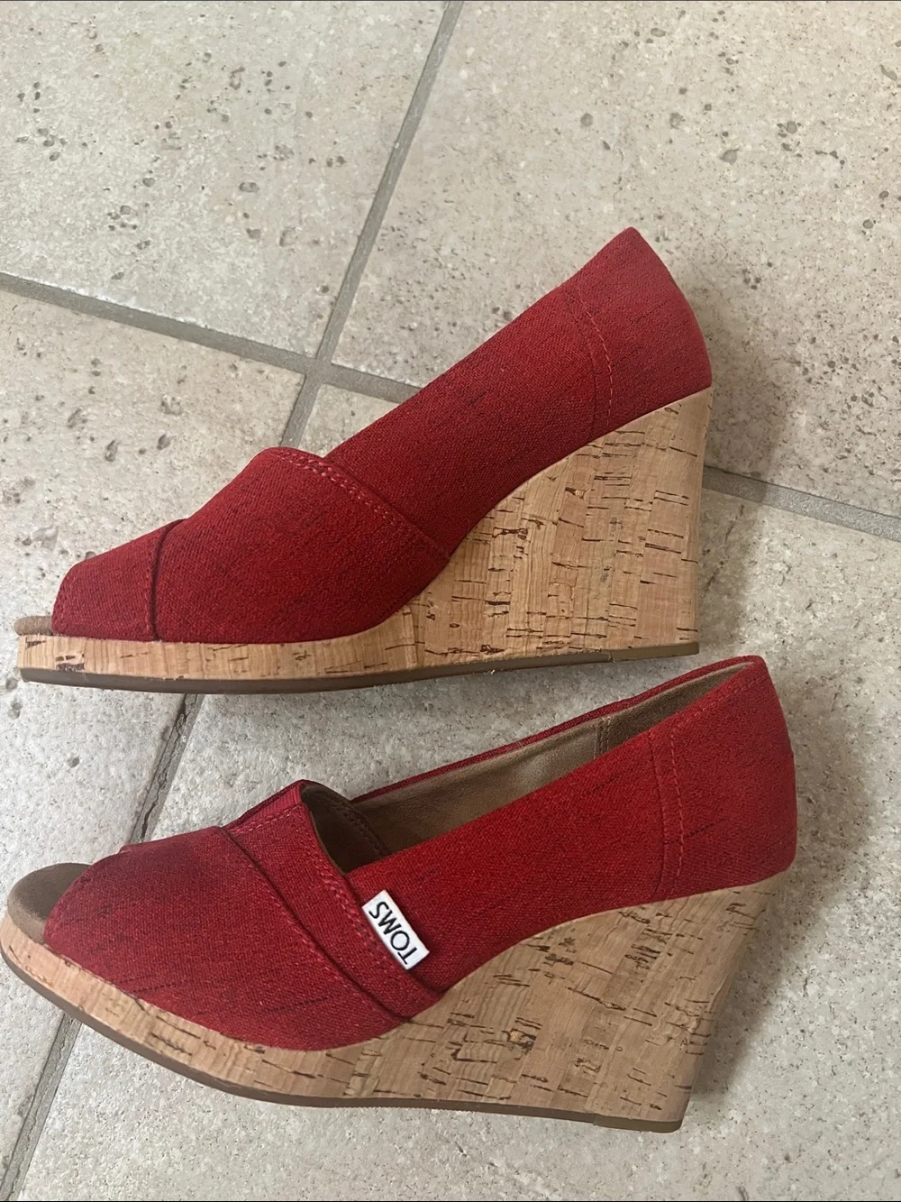 TOMS Red Suede Peep-Toe Wedge Slip-Ons